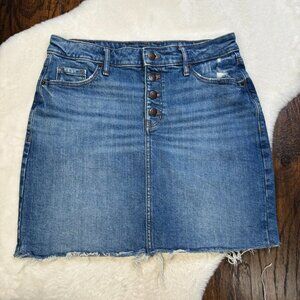 Old Navy Mini Skirt 8 Medium Wash Denim Distressed Raw Hem Button-Fly Stretch
